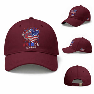 America 1776-2026 Patriotic Hearts Baseball Cap Semiquincentennial 250th Anniversary Red White Blue Stars and Stripes TS02 Baseball Cap Universal Fit Maroon Print Your Wear