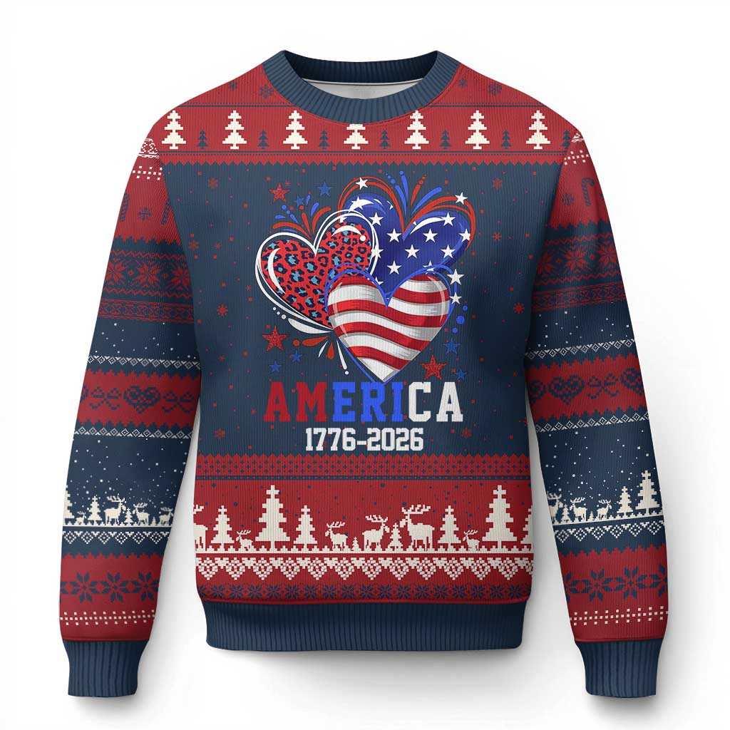 America 1776-2026 Patriotic Hearts Ugly Christmas Sweater Semiquincentennial 250th Anniversary Red White Blue Stars and Stripes TS02 Navy Red Print Your Wear