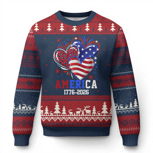 America 1776-2026 Patriotic Hearts Ugly Christmas Sweater Semiquincentennial 250th Anniversary Red White Blue Stars and Stripes TS02 Navy Red Print Your Wear