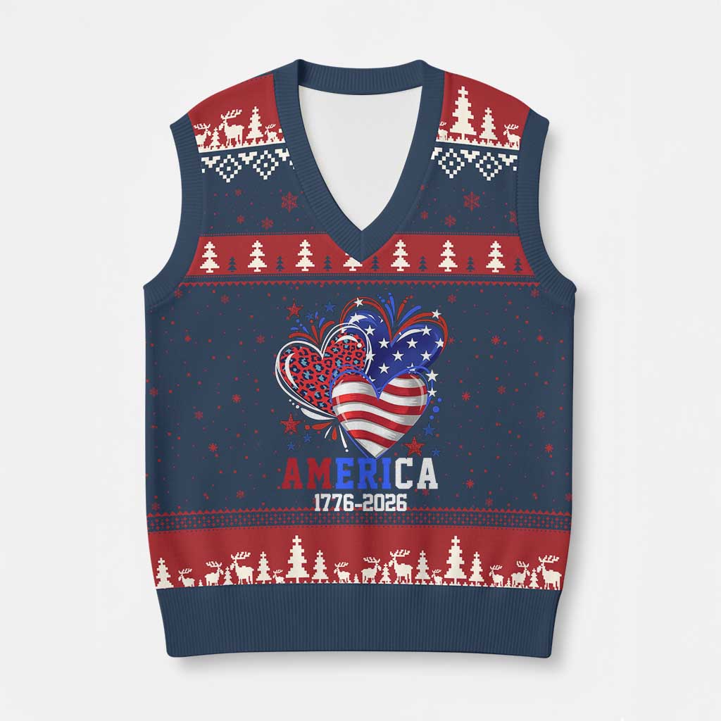 America 1776-2026 Patriotic Hearts V-Neck Knit Sweater Vest Semiquincentennial 250th Anniversary Red White Blue Stars and Stripes TS02 Navy Red Print Your Wear