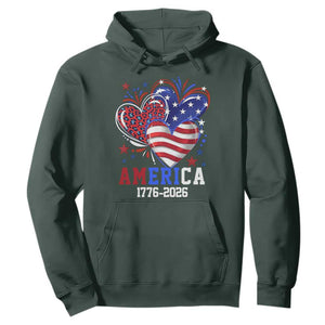 America 1776-2026 Patriotic Hearts Hoodie Semiquincentennial 250th Anniversary Red White Blue Stars and Stripes TS02 Dark Forest Green Print Your Wear