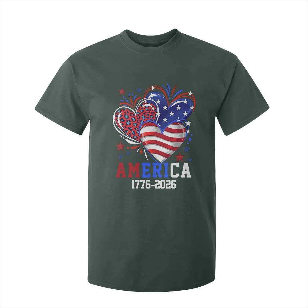 America 1776-2026 Patriotic Hearts T Shirt For Kid Semiquincentennial 250th Anniversary Red White Blue Stars and Stripes TS02 Dark Forest Green Print Your Wear