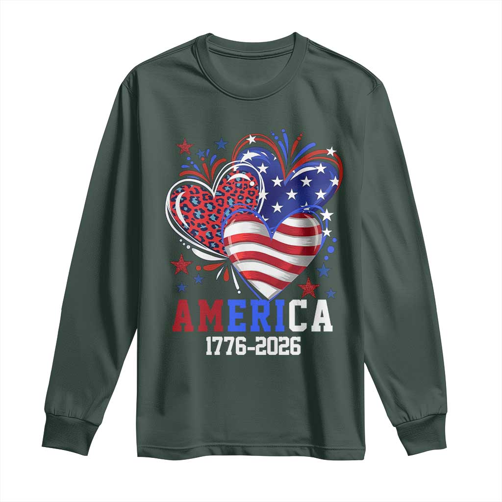 America 1776-2026 Patriotic Hearts Long Sleeve Shirt Semiquincentennial 250th Anniversary Red White Blue Stars and Stripes TS02 Dark Forest Green Print Your Wear