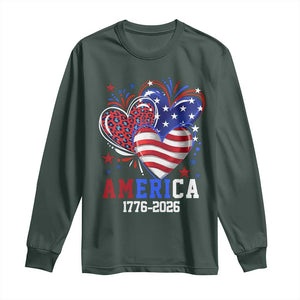 America 1776-2026 Patriotic Hearts Long Sleeve Shirt Semiquincentennial 250th Anniversary Red White Blue Stars and Stripes TS02 Dark Forest Green Print Your Wear