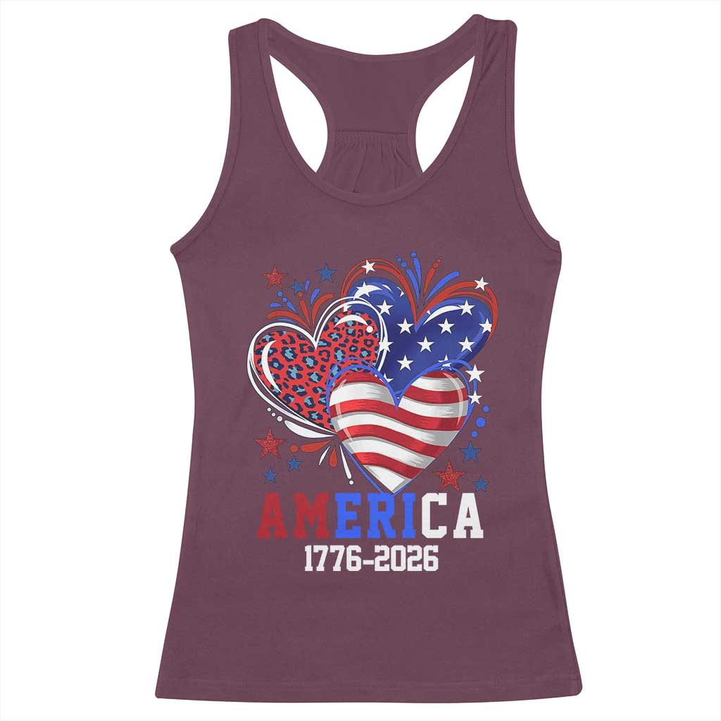 America 1776-2026 Patriotic Hearts Racerback Tank Top Semiquincentennial 250th Anniversary Red White Blue Stars and Stripes TS02 Maroon Print Your Wear