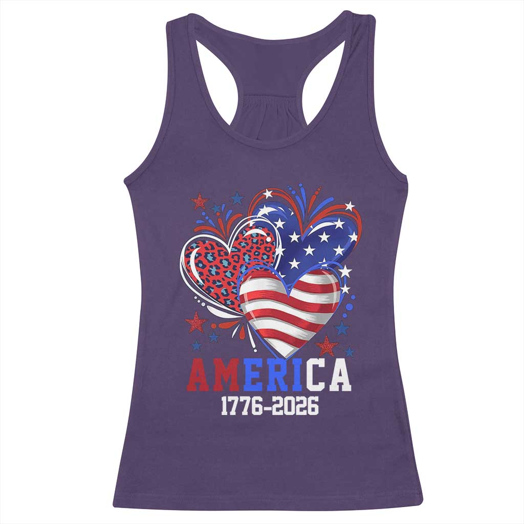 America 1776-2026 Patriotic Hearts Racerback Tank Top Semiquincentennial 250th Anniversary Red White Blue Stars and Stripes TS02 Purple Print Your Wear
