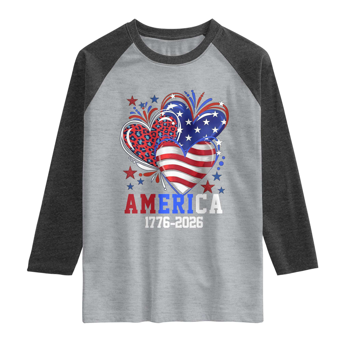 America 1776-2026 Patriotic Hearts Raglan Shirt Semiquincentennial 250th Anniversary Red White Blue Stars and Stripes TS02 Heather Gray Heather Charcoal Print Your Wear