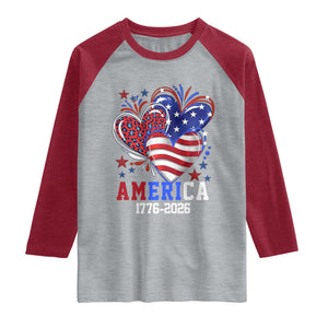 America 1776-2026 Patriotic Hearts Raglan Shirt Semiquincentennial 250th Anniversary Red White Blue Stars and Stripes TS02 Heather Gray Heather Red Print Your Wear
