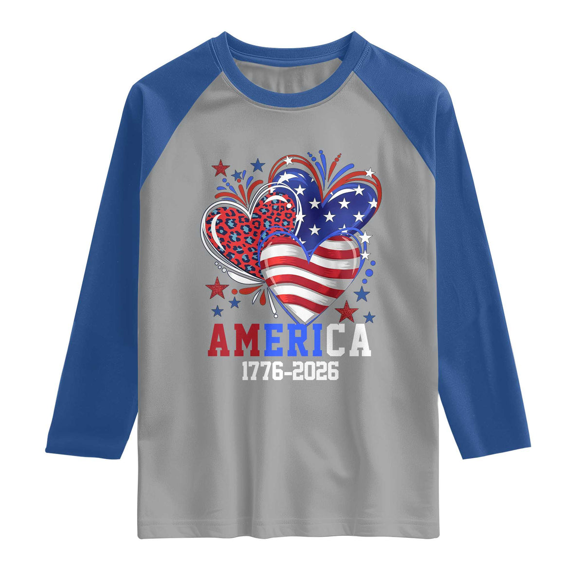 America 1776-2026 Patriotic Hearts Raglan Shirt Semiquincentennial 250th Anniversary Red White Blue Stars and Stripes TS02 Sport Gray Royal Print Your Wear