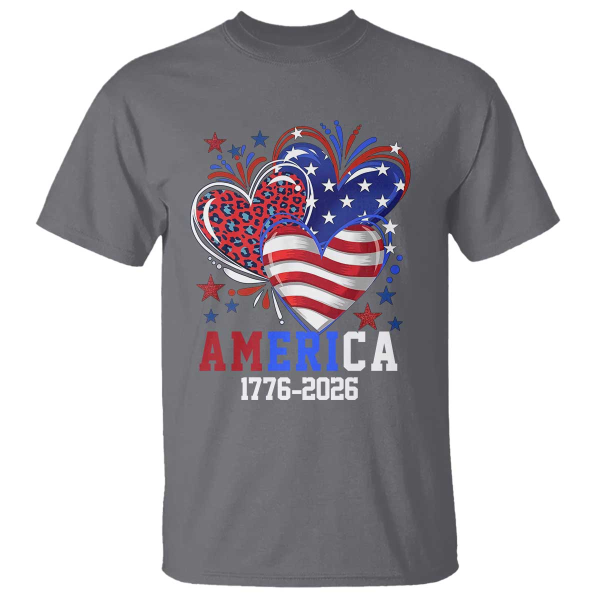America 1776-2026 Patriotic Hearts T Shirt Semiquincentennial 250th Anniversary Red White Blue Stars and Stripes TS02 Charcoal Print Your Wear