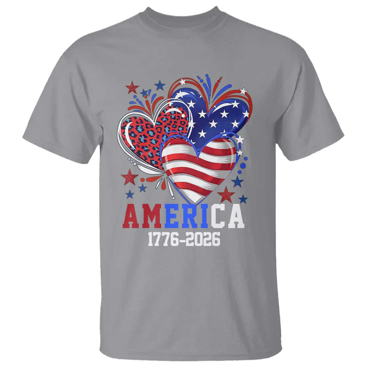 America 1776-2026 Patriotic Hearts T Shirt Semiquincentennial 250th Anniversary Red White Blue Stars and Stripes TS02 Sport Gray Print Your Wear