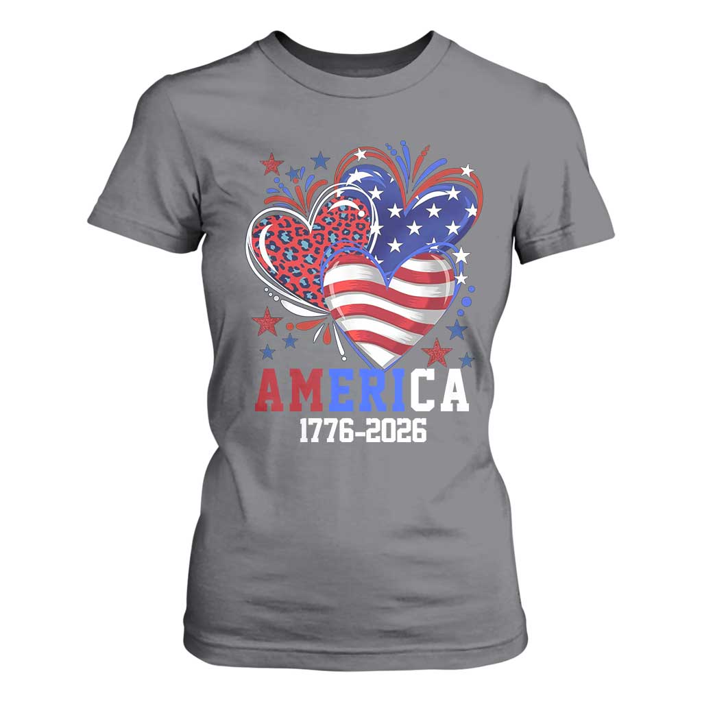 America 1776-2026 Patriotic Hearts T Shirt For Women Semiquincentennial 250th Anniversary Red White Blue Stars and Stripes TS02 Charcoal Print Your Wear