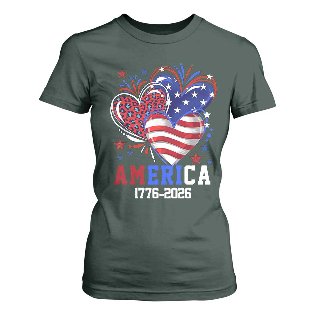 America 1776-2026 Patriotic Hearts T Shirt For Women Semiquincentennial 250th Anniversary Red White Blue Stars and Stripes TS02 Dark Forest Green Print Your Wear