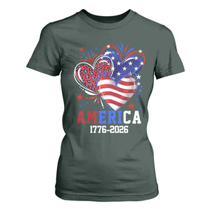 America 1776-2026 Patriotic Hearts T Shirt For Women Semiquincentennial 250th Anniversary Red White Blue Stars and Stripes TS02 Dark Forest Green Print Your Wear