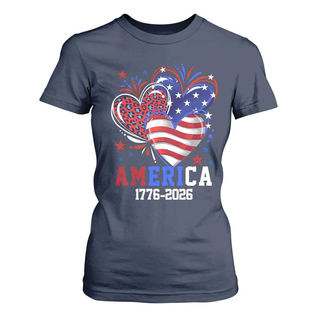 America 1776-2026 Patriotic Hearts T Shirt For Women Semiquincentennial 250th Anniversary Red White Blue Stars and Stripes TS02 Navy Print Your Wear