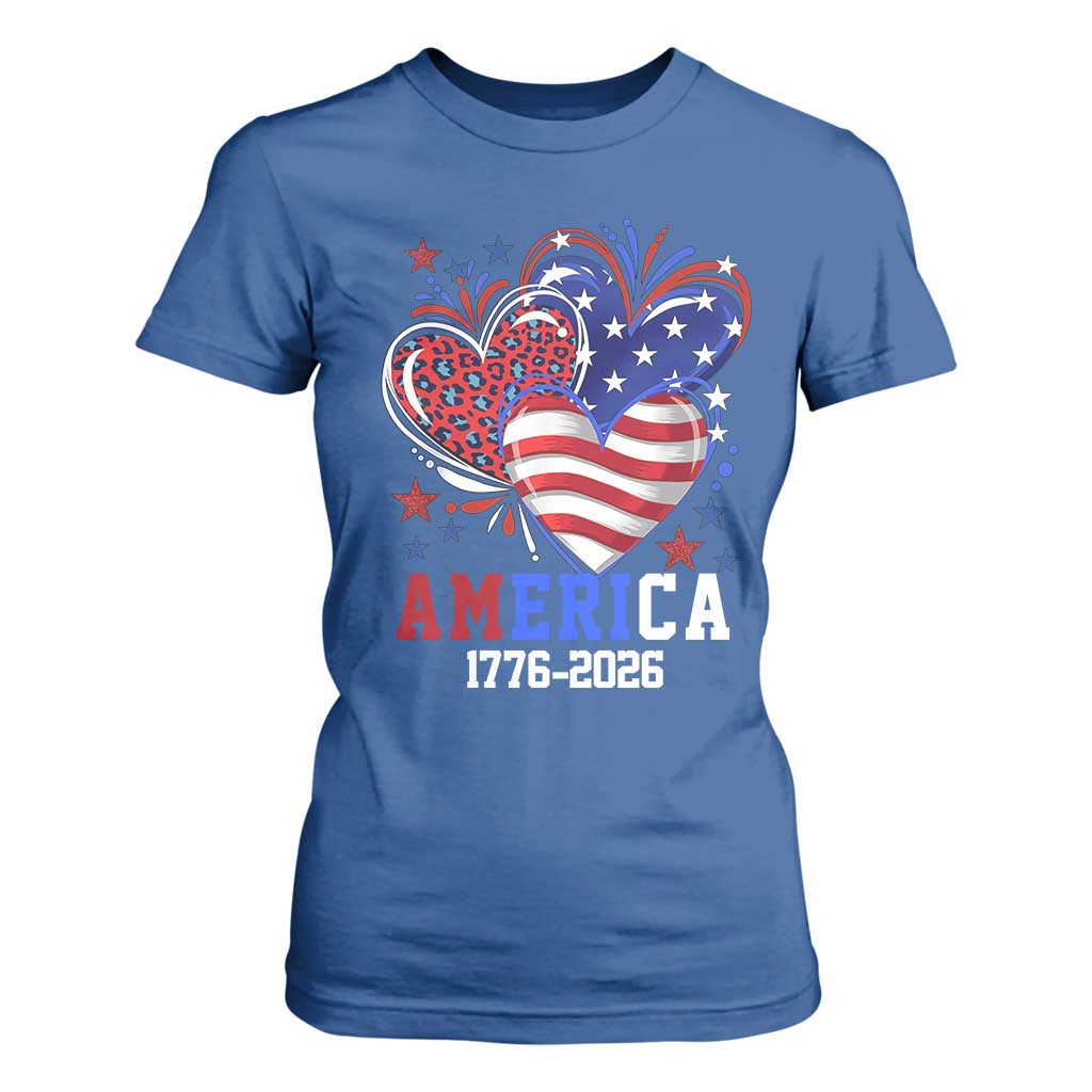 America 1776-2026 Patriotic Hearts T Shirt For Women Semiquincentennial 250th Anniversary Red White Blue Stars and Stripes TS02 Royal Blue Print Your Wear