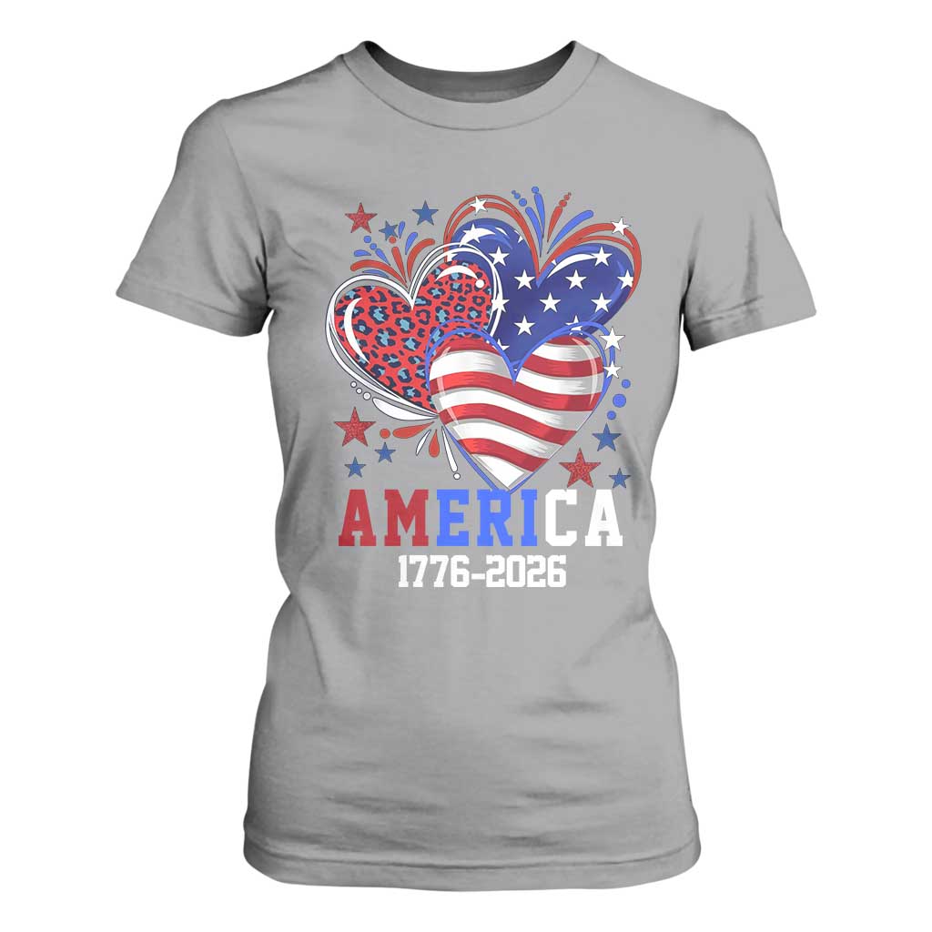 America 1776-2026 Patriotic Hearts T Shirt For Women Semiquincentennial 250th Anniversary Red White Blue Stars and Stripes TS02 Sport Gray Print Your Wear