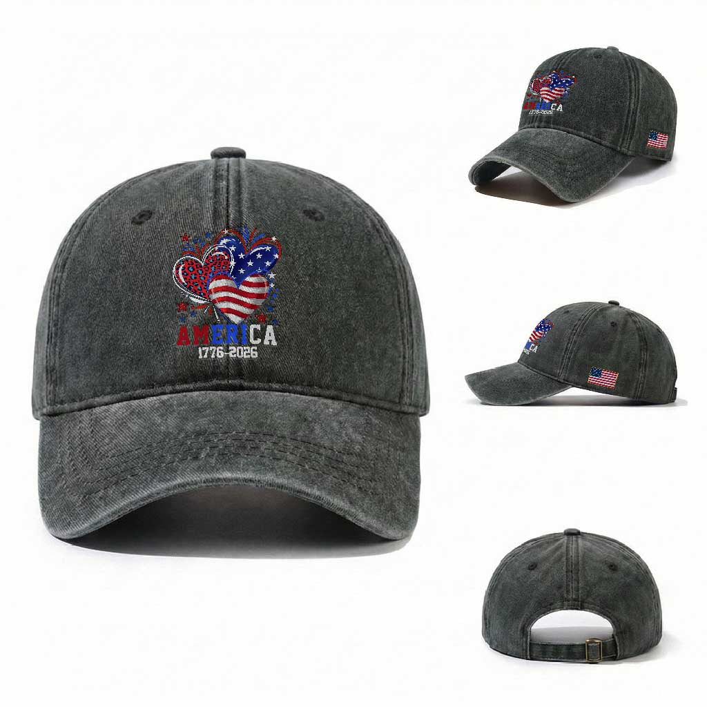 America 1776-2026 Patriotic Hearts Washed Cotton Baseball Cap Semiquincentennial 250th Anniversary Red White Blue Stars and Stripes TS02 Washed Cap Universal Fit Dark Green Print Your Wear