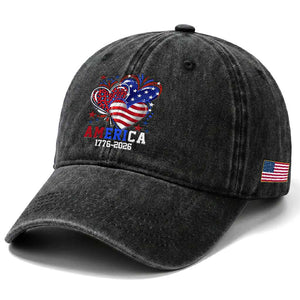 America 1776-2026 Patriotic Hearts Washed Cotton Baseball Cap Semiquincentennial 250th Anniversary Red White Blue Stars and Stripes TS02 Print Your Wear