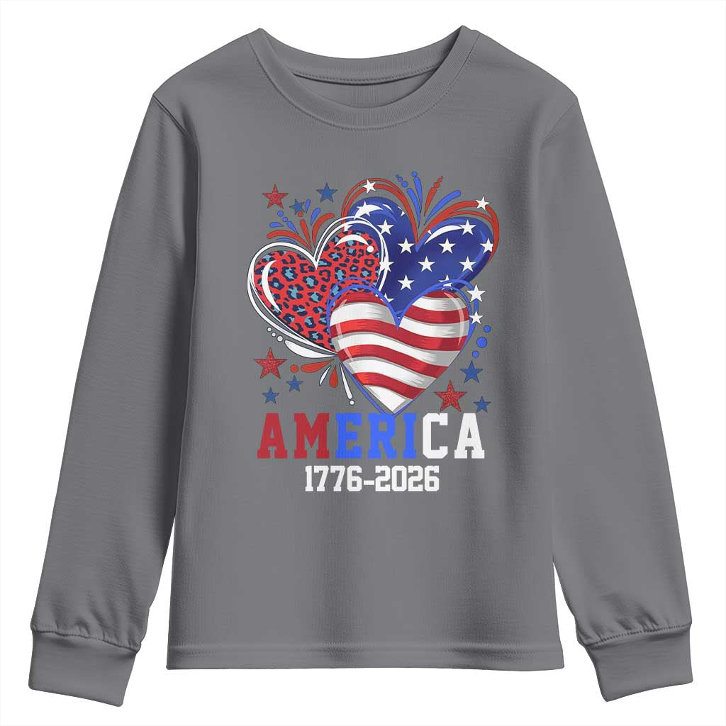 America 1776-2026 Patriotic Hearts Youth Sweatshirt Semiquincentennial 250th Anniversary Red White Blue Stars and Stripes TS02 Charcoal Print Your Wear