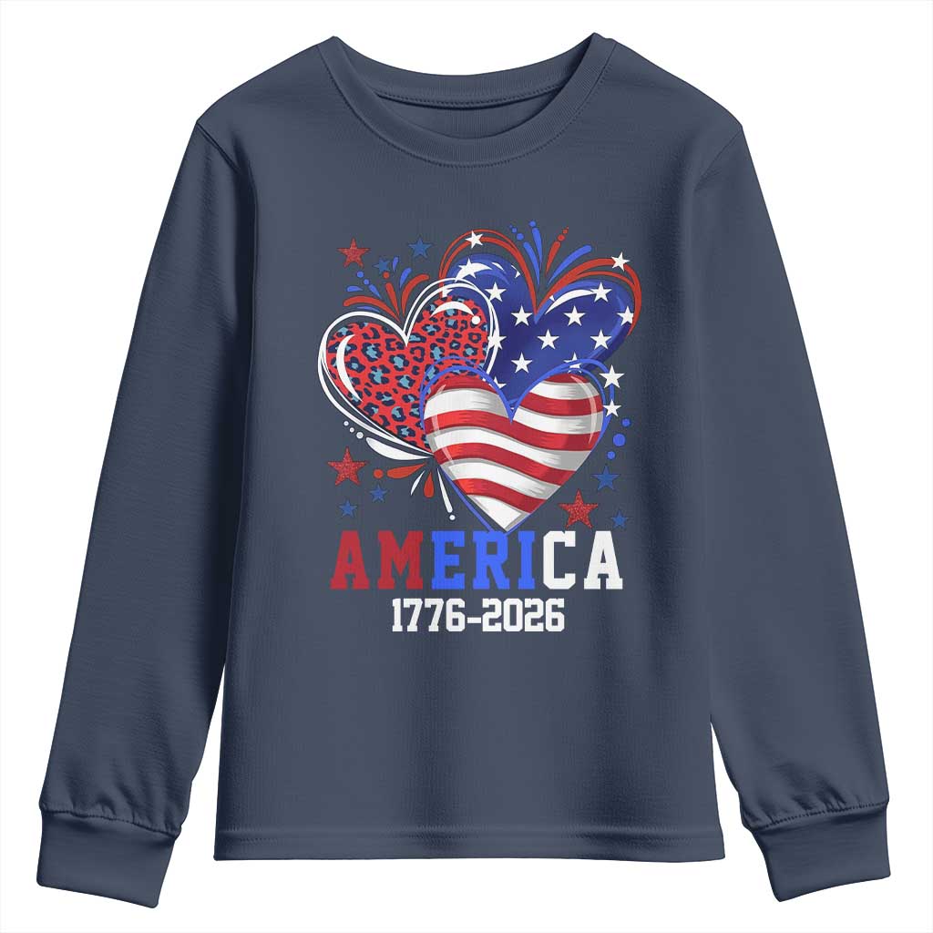 America 1776-2026 Patriotic Hearts Youth Sweatshirt Semiquincentennial 250th Anniversary Red White Blue Stars and Stripes TS02 Navy Print Your Wear