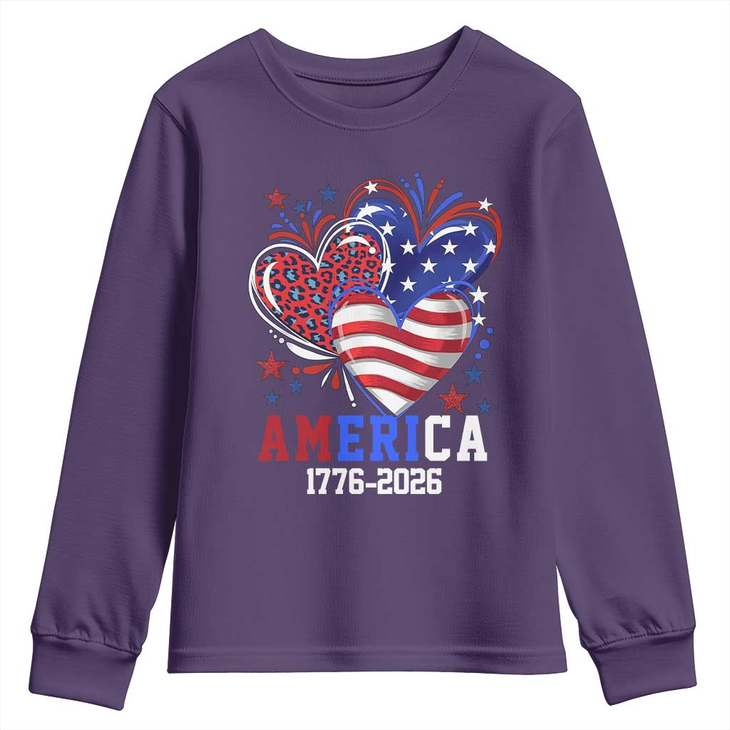 America 1776-2026 Patriotic Hearts Youth Sweatshirt Semiquincentennial 250th Anniversary Red White Blue Stars and Stripes TS02 Purple Print Your Wear