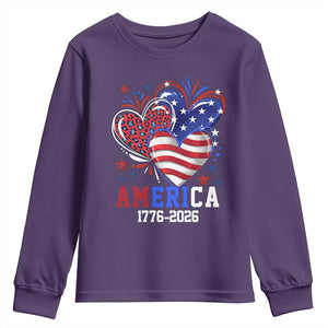 America 1776-2026 Patriotic Hearts Youth Sweatshirt Semiquincentennial 250th Anniversary Red White Blue Stars and Stripes TS02 Purple Print Your Wear