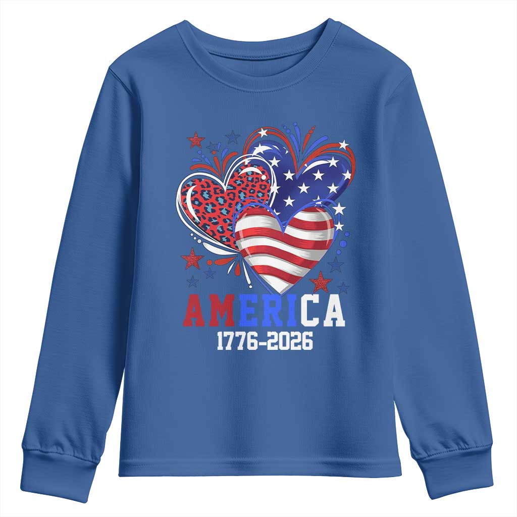 America 1776-2026 Patriotic Hearts Youth Sweatshirt Semiquincentennial 250th Anniversary Red White Blue Stars and Stripes TS02 Royal Blue Print Your Wear