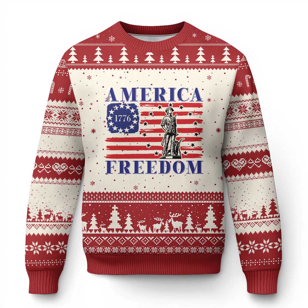 America Freedom 1776 Revolutionary War Ugly Christmas Sweater Minuteman Betsy Ross Flag Patriotic History TS02 Beige Red Print Your Wear