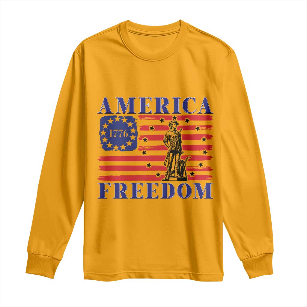 America Freedom 1776 Revolutionary War Long Sleeve Shirt Minuteman Betsy Ross Flag Patriotic History TS02 Gold Print Your Wear