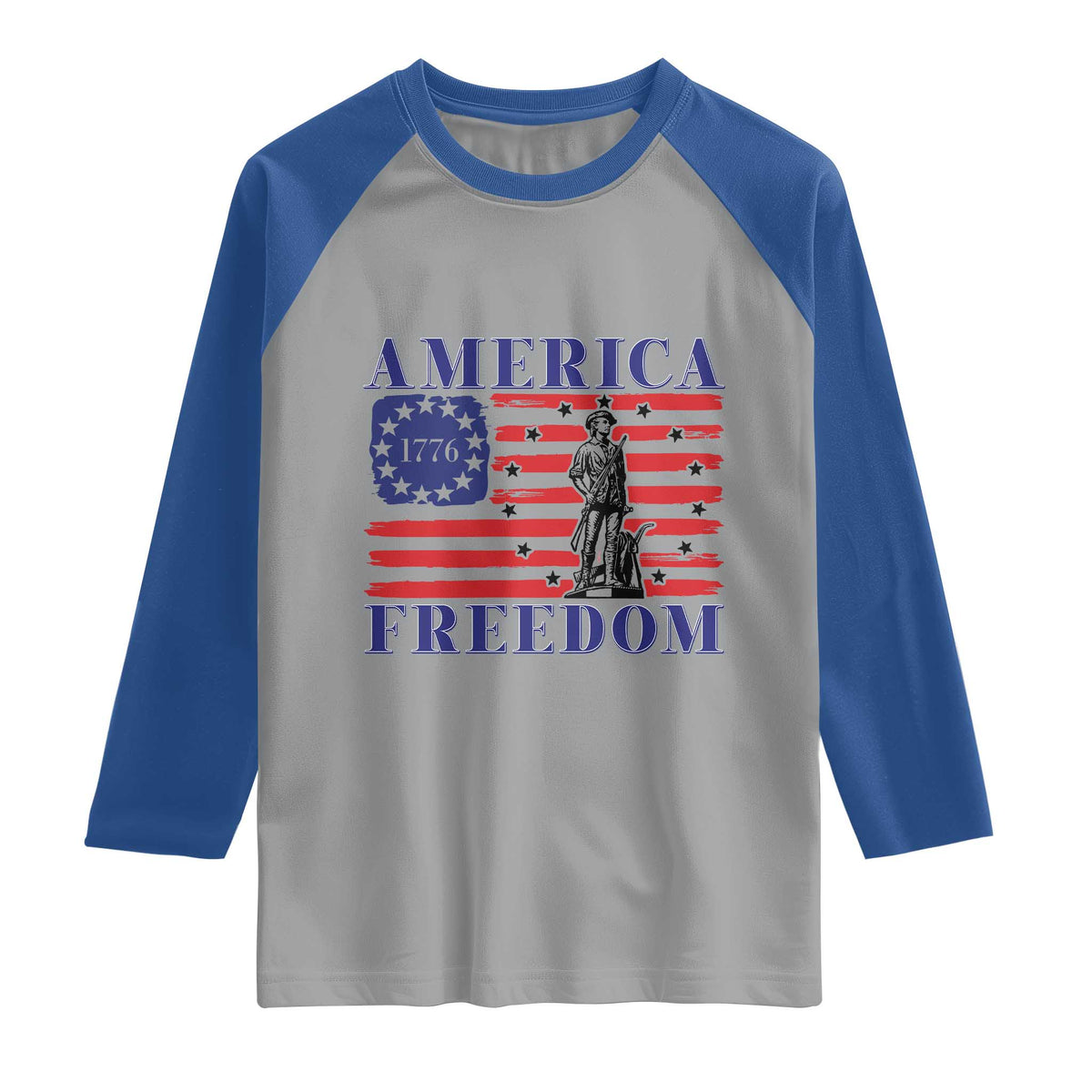 America Freedom 1776 Revolutionary War Raglan Shirt Minuteman Betsy Ross Flag Patriotic History TS02 Sport Gray Royal Print Your Wear