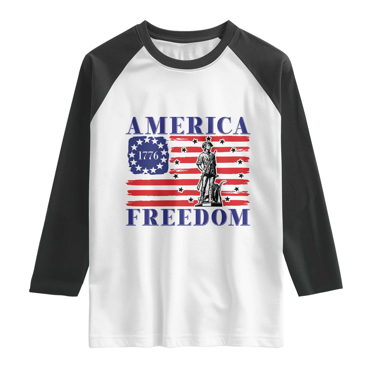 America Freedom 1776 Revolutionary War Raglan Shirt Minuteman Betsy Ross Flag Patriotic History TS02 White Black Print Your Wear