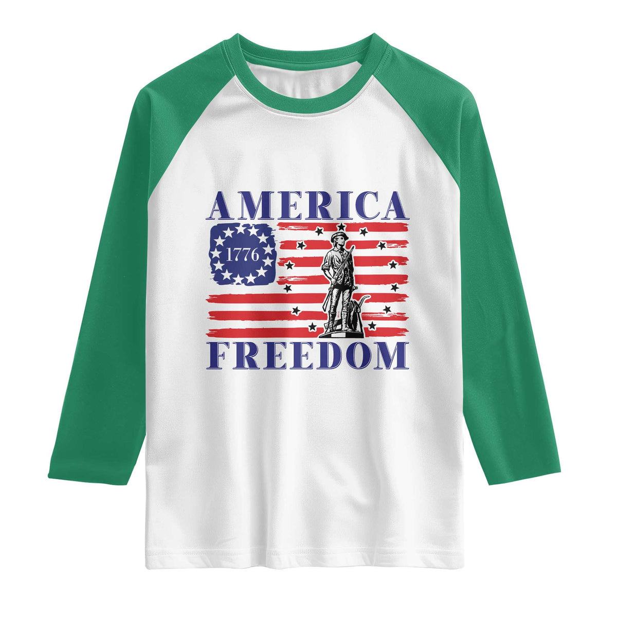 America Freedom 1776 Revolutionary War Raglan Shirt Minuteman Betsy Ross Flag Patriotic History TS02 White Kelly Green Print Your Wear