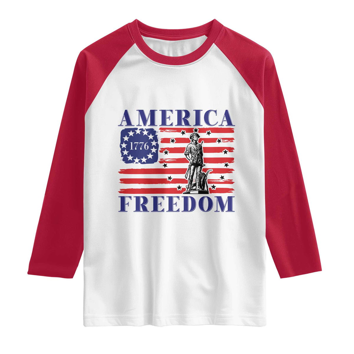 America Freedom 1776 Revolutionary War Raglan Shirt Minuteman Betsy Ross Flag Patriotic History TS02 White Red Print Your Wear