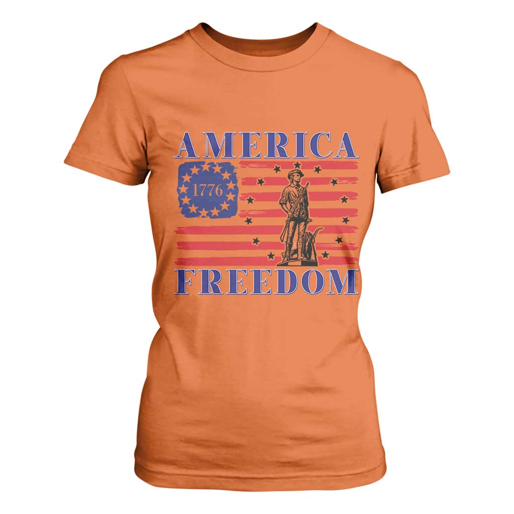 America Freedom 1776 Revolutionary War T Shirt For Women Minuteman Betsy Ross Flag Patriotic History TS02 Orange Print Your Wear
