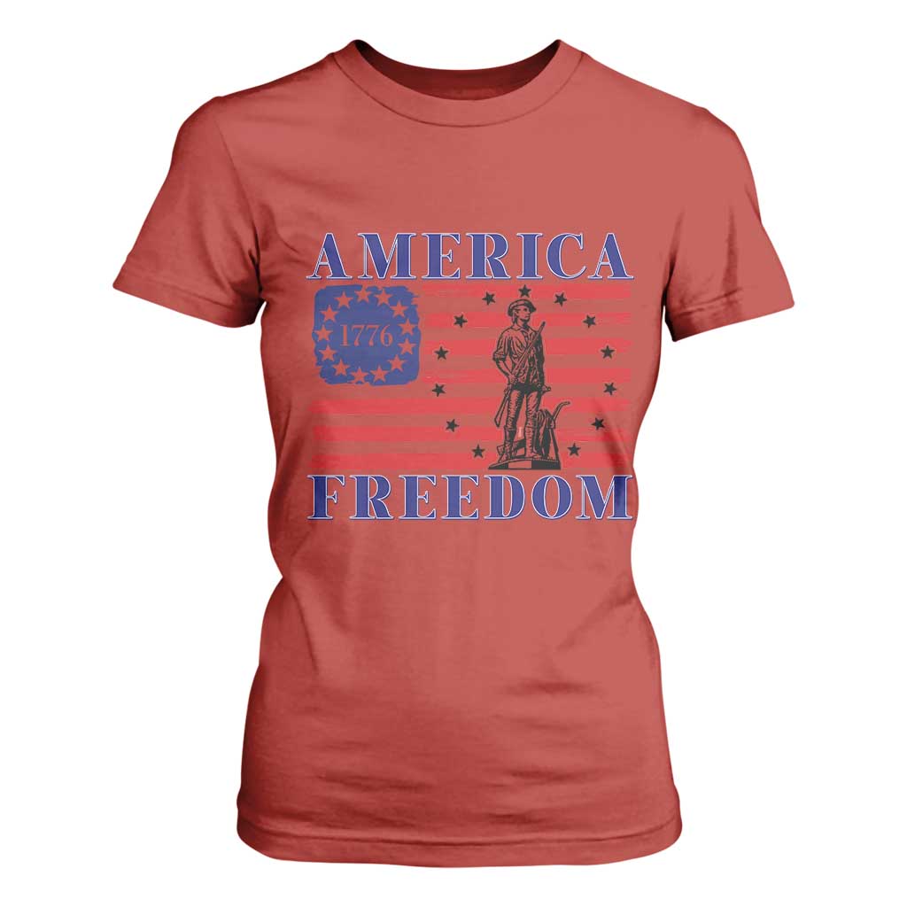 America Freedom 1776 Revolutionary War T Shirt For Women Minuteman Betsy Ross Flag Patriotic History TS02 Red Print Your Wear