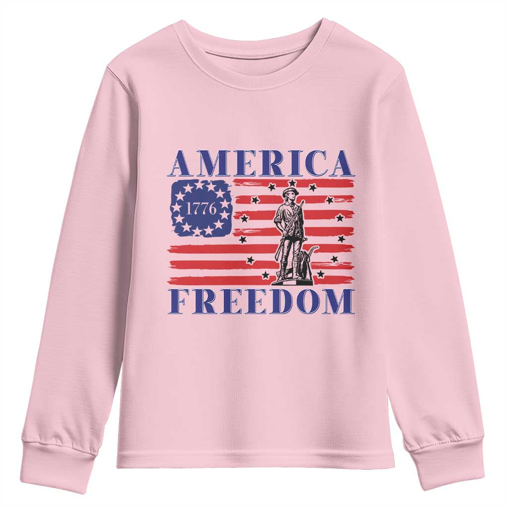 America Freedom 1776 Revolutionary War Youth Sweatshirt Minuteman Betsy Ross Flag Patriotic History TS02 Light Pink Print Your Wear
