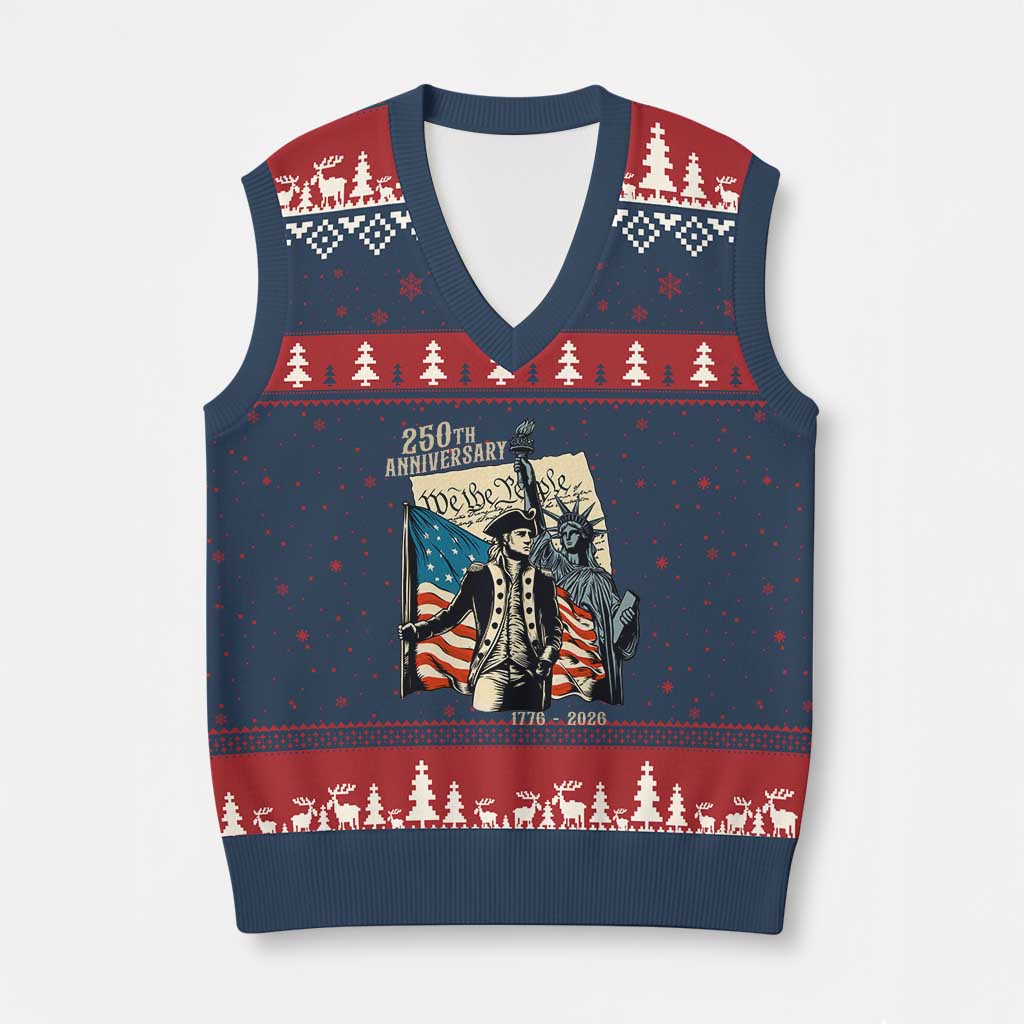 250th Anniversary 1776-2026 We The People V-Neck Knit Sweater Vest George Washington and Statue of Liberty History Pride TS02 Navy Red Print Your Wear
