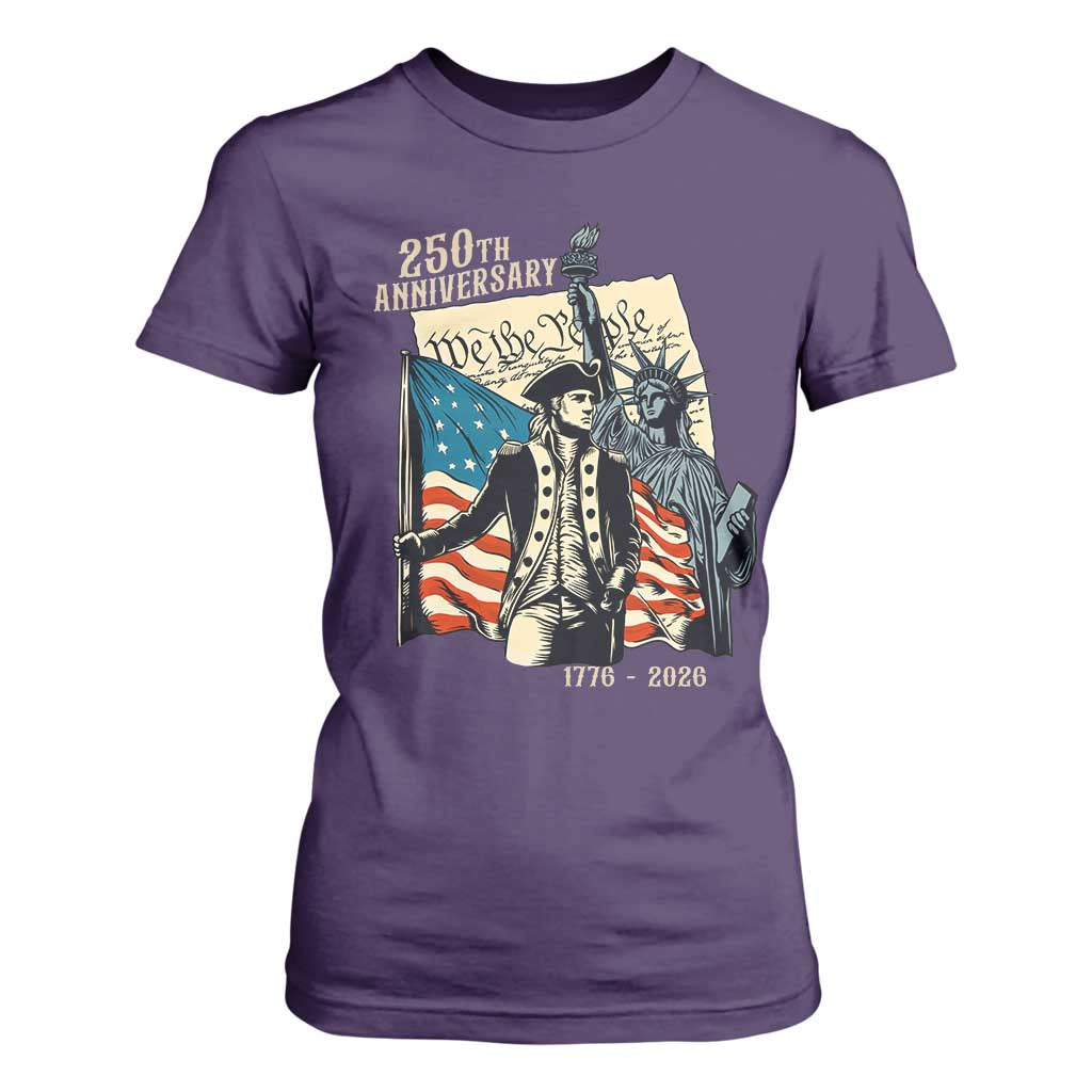 250th Anniversary 1776-2026 We The People T Shirt For Women George Washington and Statue of Liberty History Pride TS02 Purple Print Your Wear
