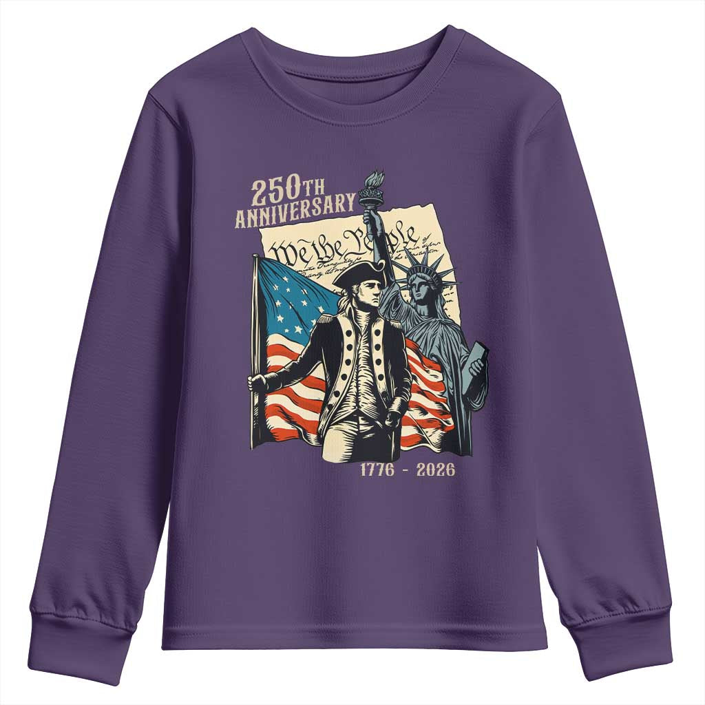 250th Anniversary 1776-2026 We The People Youth Sweatshirt George Washington and Statue of Liberty History Pride TS02 Purple Print Your Wear