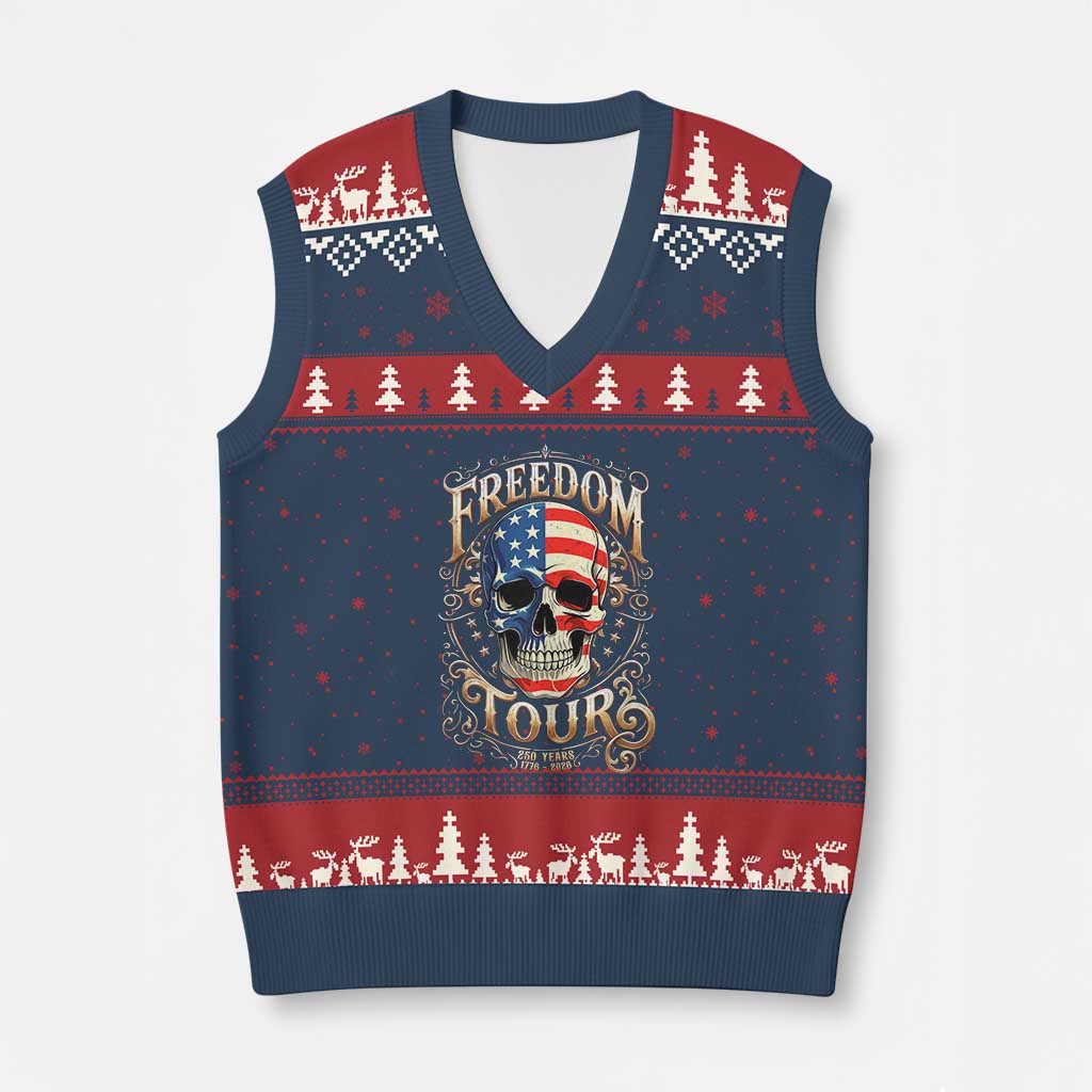 Freedom Tour 250 Years 1776-2026 American Flag Skull V-Neck Knit Sweater Vest Rock Aesthetic Patriotic Semiquincentennial 250th Anniversary TS02 Navy Red Print Your Wear