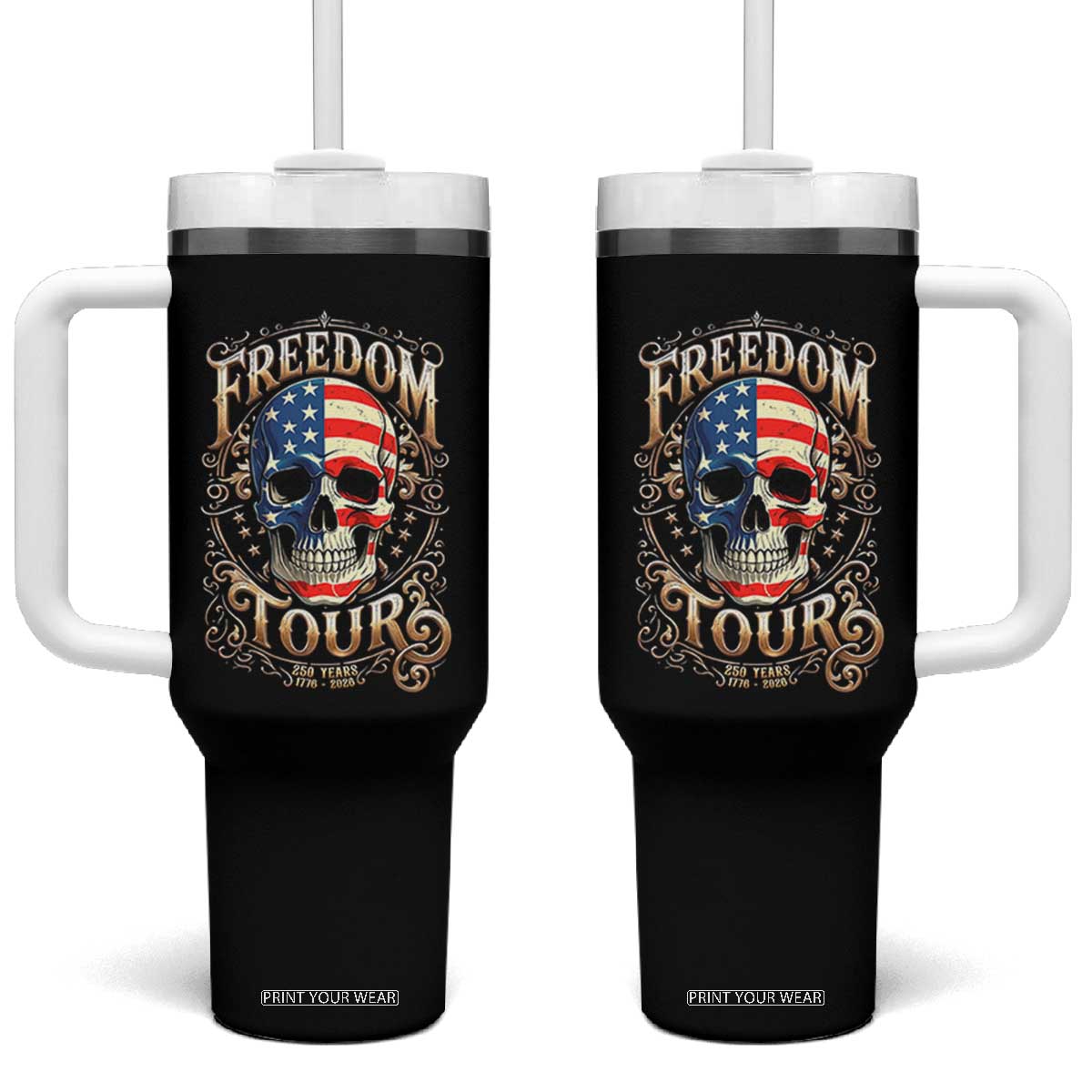 Freedom Tour 250 Years 1776-2026 American Flag Skull Tumbler With Handle Rock Aesthetic Patriotic Semiquincentennial 250th Anniversary TS02 One Size: 40 oz Black Print Your Wear