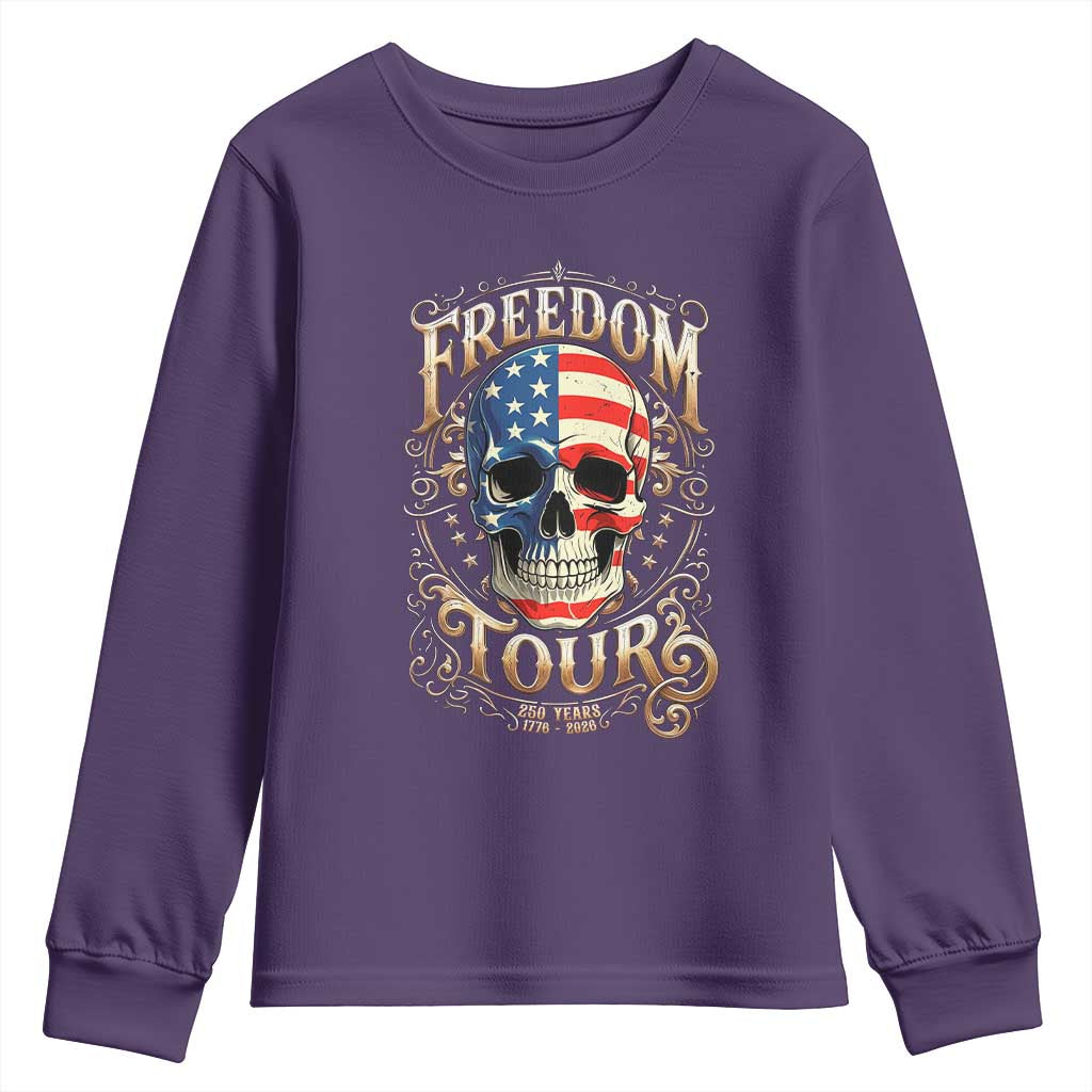 Freedom Tour 250 Years 1776-2026 American Flag Skull Youth Sweatshirt Rock Aesthetic Patriotic Semiquincentennial 250th Anniversary TS02 Purple Print Your Wear