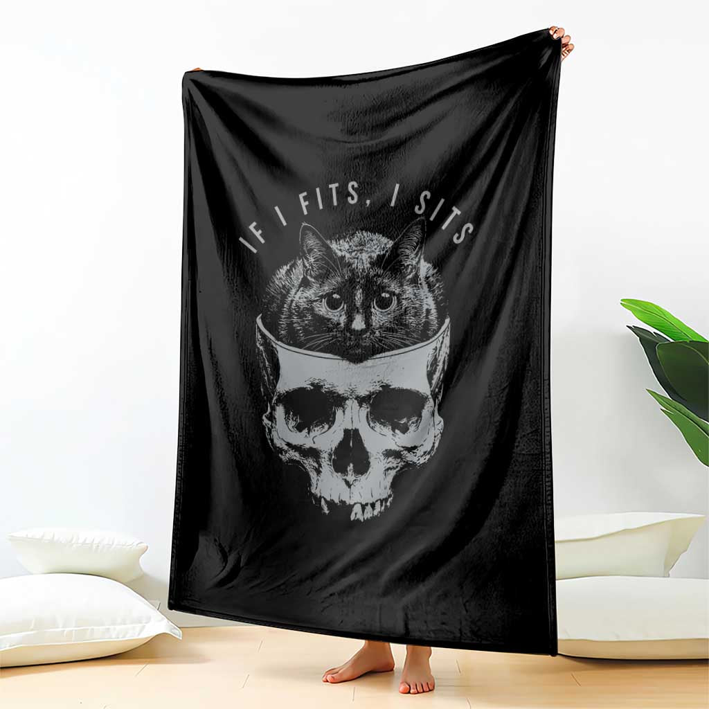 If I Fits I Sits Funny Cat in Skull Throw Blanket Dark Aesthetic Goth Cat Lover Gift for Macabre and Meme Fans TS02 Print Your Wear