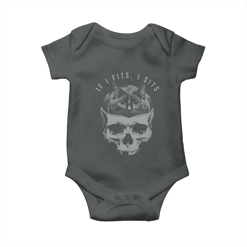 If I Fits I Sits Funny Cat in Skull Baby Onesie Dark Aesthetic Goth Cat Lover Gift for Macabre and Meme Fans TS02 Dark Heather Print Your Wear