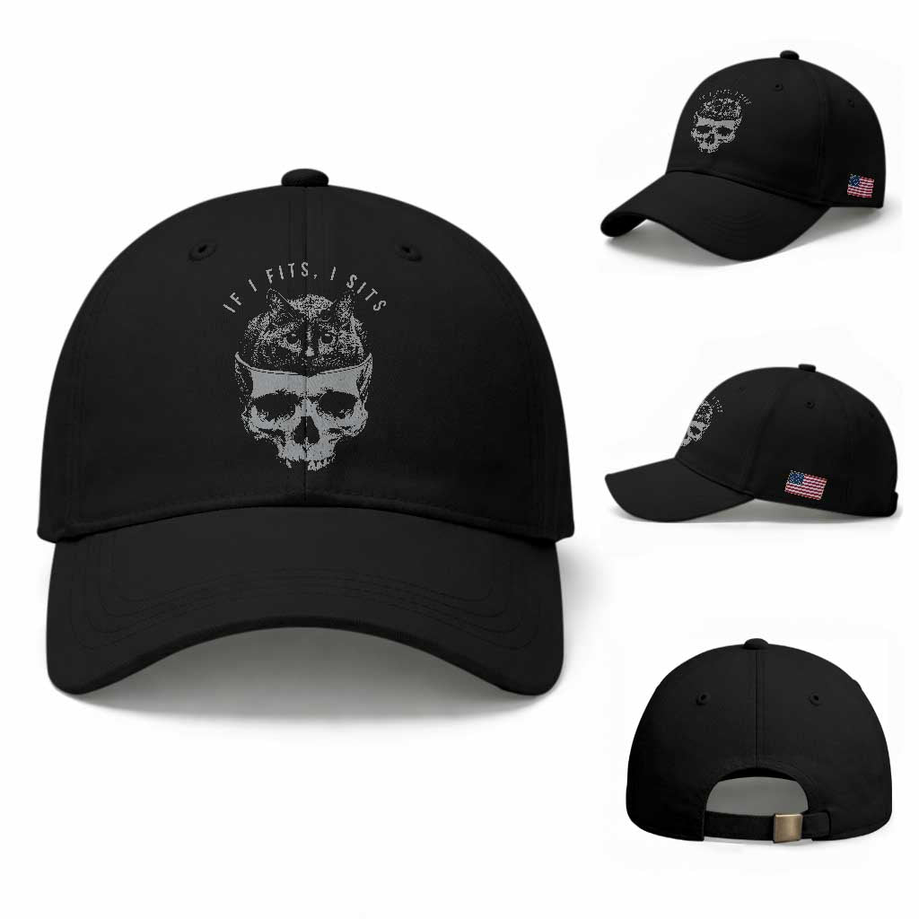 If I Fits I Sits Funny Cat in Skull Baseball Cap Dark Aesthetic Goth Cat Lover Gift for Macabre and Meme Fans TS02 Baseball Cap Universal Fit Black Print Your Wear