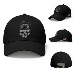 If I Fits I Sits Funny Cat in Skull Baseball Cap Dark Aesthetic Goth Cat Lover Gift for Macabre and Meme Fans TS02 Baseball Cap Universal Fit Black Print Your Wear
