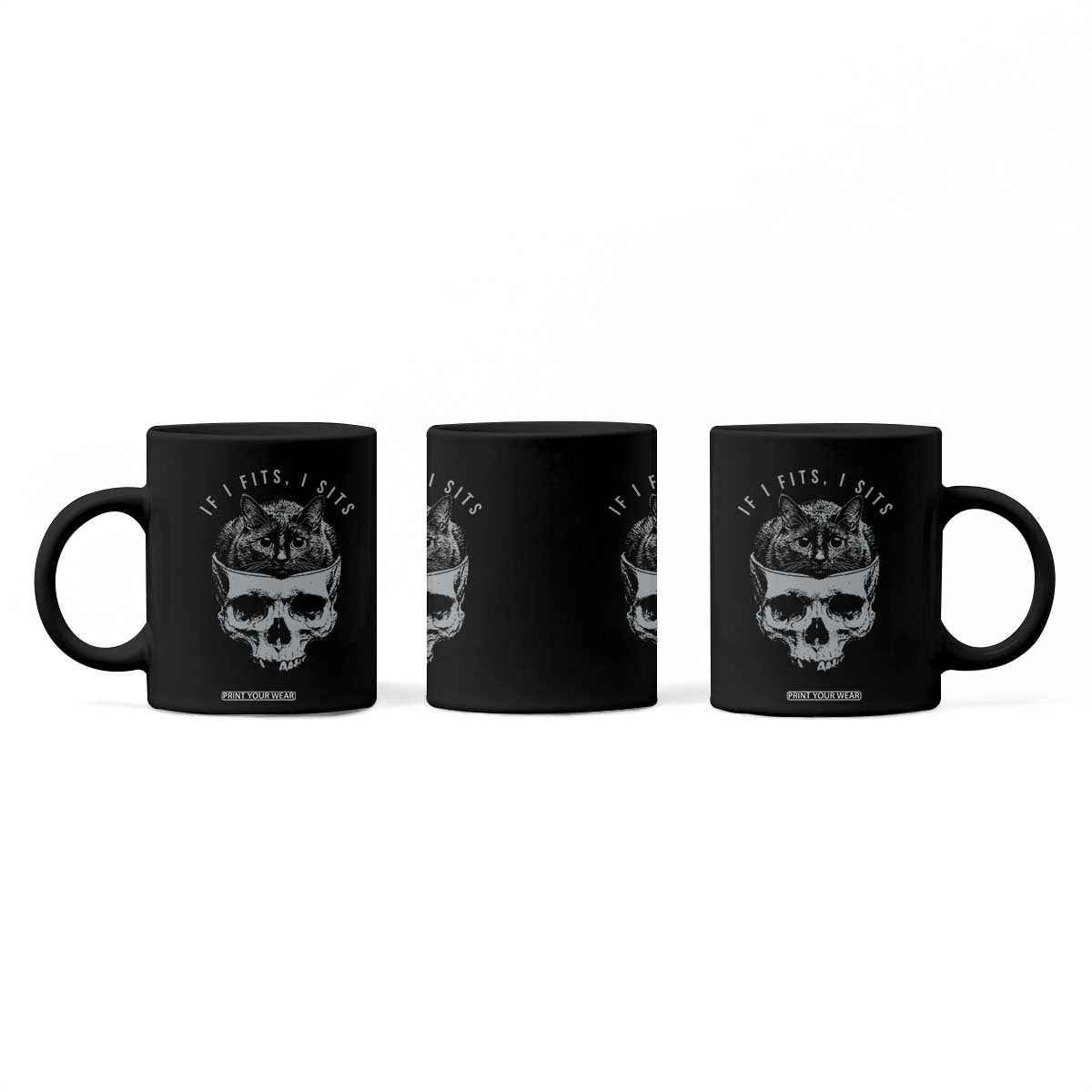 If I Fits I Sits Funny Cat in Skull Coffee Mug Dark Aesthetic Goth Cat Lover Gift for Macabre and Meme Fans TS02 Print Your Wear