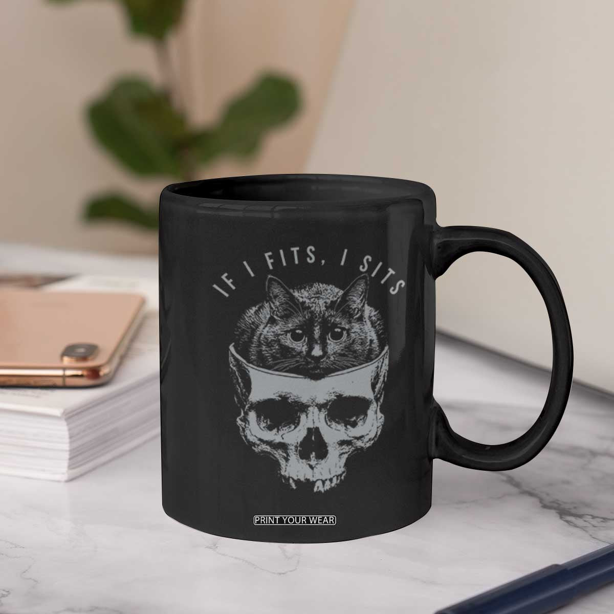 If I Fits I Sits Funny Cat in Skull Coffee Mug Dark Aesthetic Goth Cat Lover Gift for Macabre and Meme Fans TS02 Print Your Wear