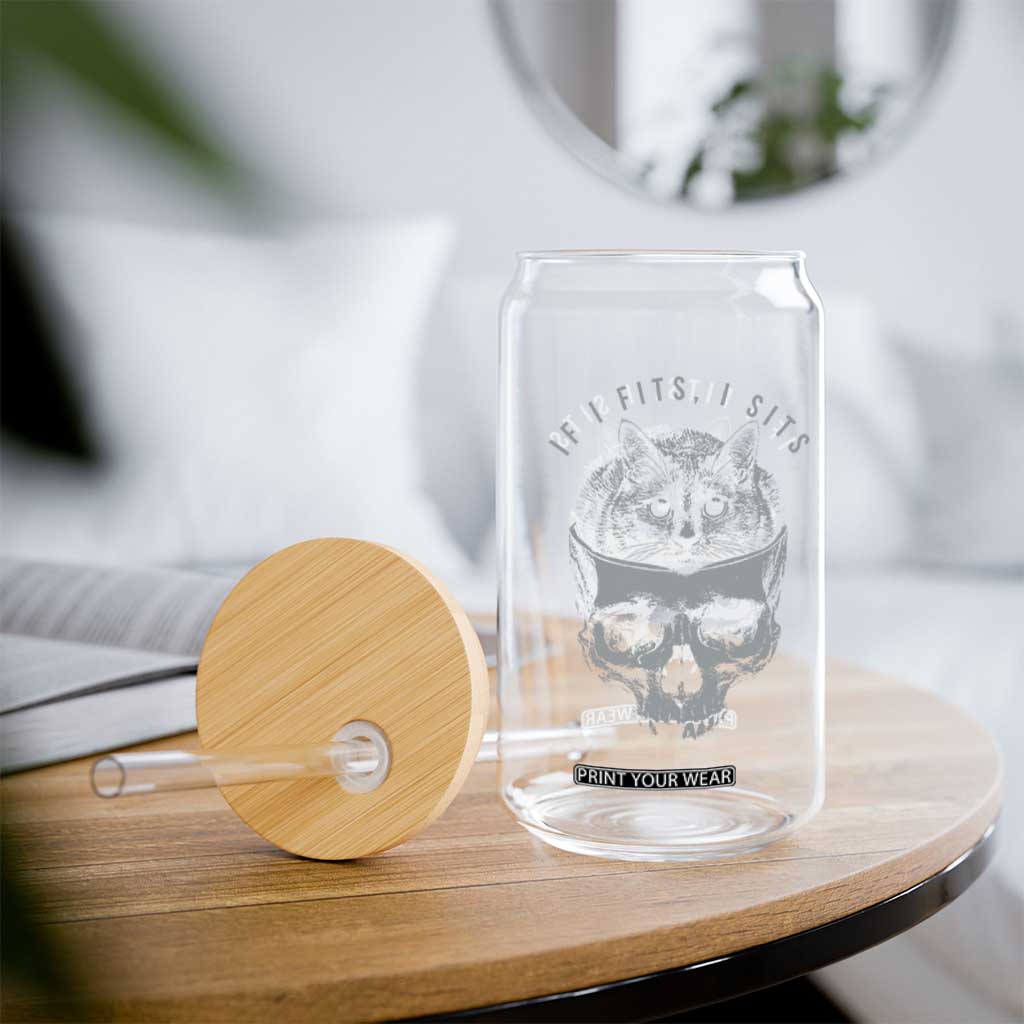 If I Fits I Sits Funny Cat in Skull Glass Can Dark Aesthetic Goth Cat Lover Gift for Macabre and Meme Fans TS02 Print Your Wear